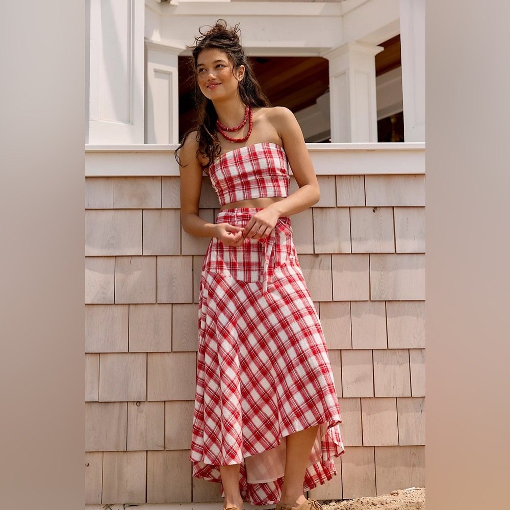 NWOT Free People After You Plaid Coord Set Crop Tube Top Belted Maxi Skirt M